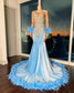 Blue Velvet Mermaid Luxurious Prom Dresses Beaded Crystals Feather Evening Formal Party Second Reception Birthday Party