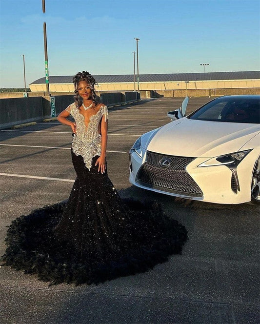 Vestido longo de baile estilo sereia com lantejoulas pretas elegantes para meninas negras com penas, lantejoulas brilhantes e borlas para festa de aniversário