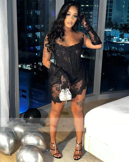 Vestidos de fiesta negros sexys de dos mangas con apliques de encaje, minivestidos de cóctel para cumpleaños, bata de baile, corsé en la espalda, hechos a medida 