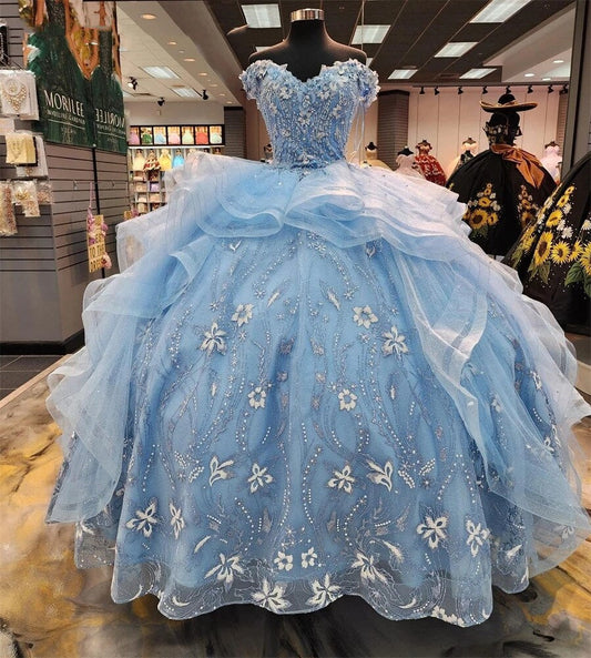 Vestidos de quinceanera de renda azul-celeste elegantes para meninas com ombros de fora e apliques de contas, vestidos plus size para festa de aniversário à noite