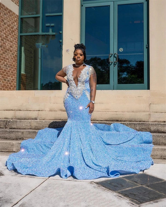 Vestido de fiesta largo azul cielo transparente con cuello redondo para chicas negras, apliques para fiesta de cumpleaños, vestidos de noche de sirena con lentejuelas 