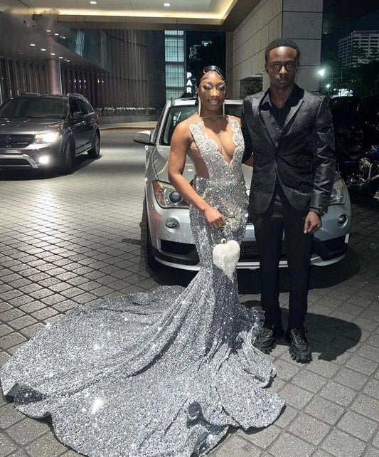Vestidos de fiesta de sirena con cuentas y brillantes plateados para niñas negras africanas, vestidos de noche para ocasiones especiales 