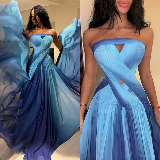 Vestidos de fiesta exquisitos sin tirantes, corte A, celebridad, pliegues, drapeado, gasa, ocasión, vestido de noche