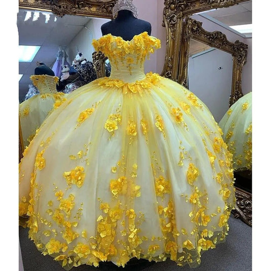 Vestidos amarelos de quinceanera, vestido de baile com decote em forma de coração, 16 anos, sexy, ombro de fora, apliques de renda, aniversário, princesa, vestidos de festa