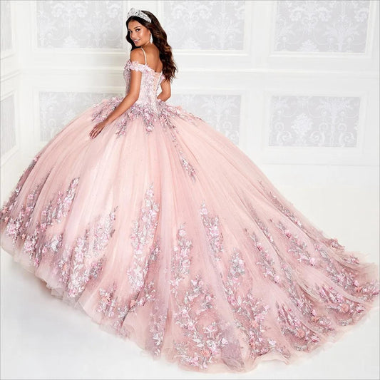Vestido de baile de quinceanera com renda brilhante e apliques de decote ombro a ombro, lantejoulas, tule, cauda longa, festa de 15 anos