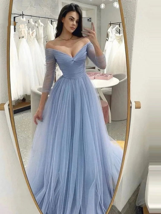 Vestido de fiesta azul claro con hombros descubiertos, escote en V, tul sencillo, corte A, manga larga, para dama de honor, para boda. 