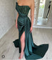 Vestido de festa de formatura sereia de cetim verde escuro, sem alças, sexy, com fenda frontal, cauda longa, vestidos formais para ocasiões noturnas