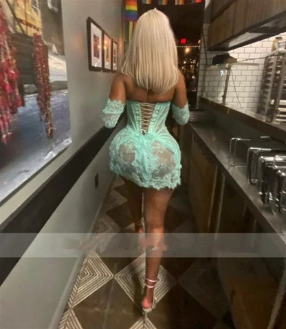 Sexy Blue Prom Dresses Two Sleeves Lace Appliques Birthday Mini Cocktail Party Gowns Corset Back Custom Made