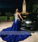Vestidos de fiesta de sirena con lentejuelas azul real y cuello transparente, tallas grandes, vestidos formales de noche para ocasiones especiales, económicos. 