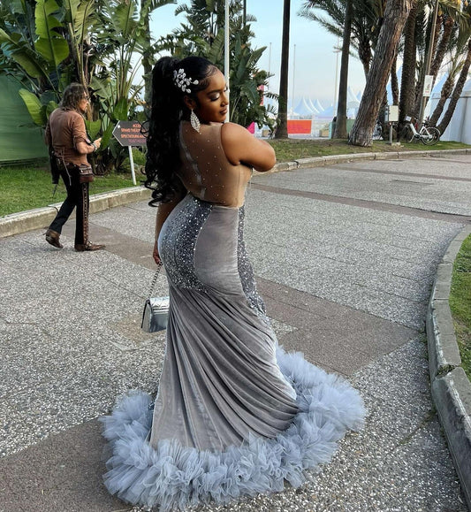 Vestido de baile sereia com lantejoulas brilhantes de prata para meninas negras, vestido de festa noturno com babados de cristal e miçangas