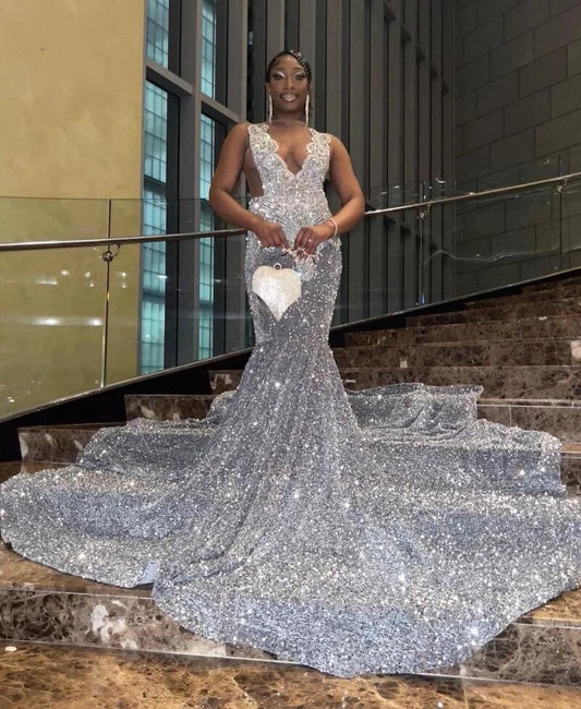 Vestidos de fiesta de sirena con cuentas y brillantes plateados para niñas negras africanas, vestidos de noche para ocasiones especiales 