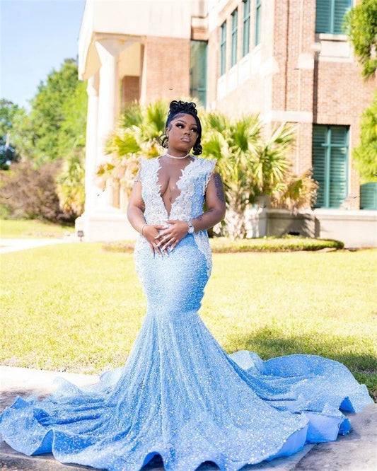Vestido de fiesta largo azul cielo transparente con cuello redondo para chicas negras, apliques para fiesta de cumpleaños, vestidos de noche de sirena con lentejuelas 