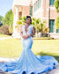 Vestido de fiesta largo azul cielo transparente con cuello redondo para chicas negras, apliques para fiesta de cumpleaños, vestidos de noche de sirena con lentejuelas 