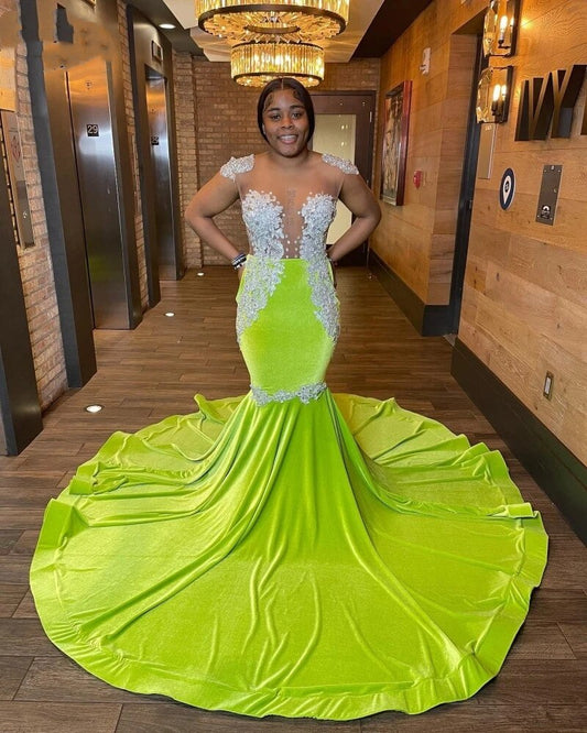 Vestidos de fiesta de sirena negros sin espalda sexys para chicas, vestidos de fiesta de terciopelo verde lima con apliques de encaje para mujeres, vestido de fiesta de boda 