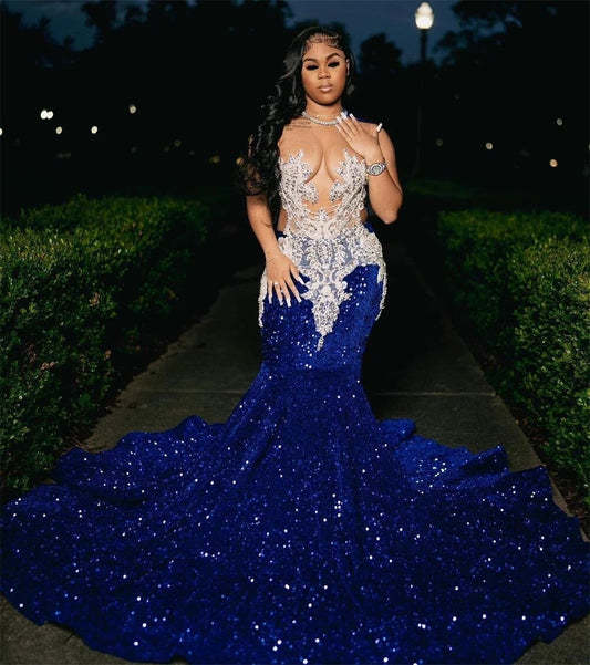 Vestidos de fiesta de sirena con lentejuelas azul real y cuello transparente, tallas grandes, vestidos formales de noche para ocasiones especiales, económicos. 