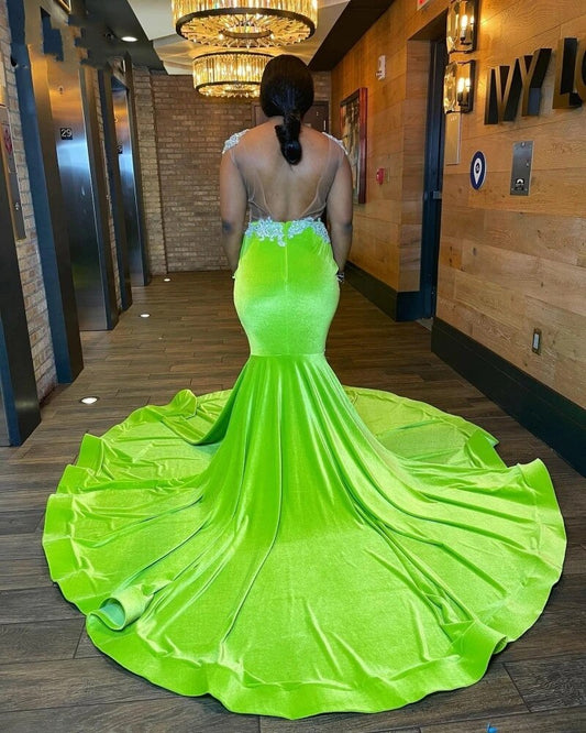 Vestidos de fiesta de sirena negros sin espalda sexys para chicas, vestidos de fiesta de terciopelo verde lima con apliques de encaje para mujeres, vestido de fiesta de boda 