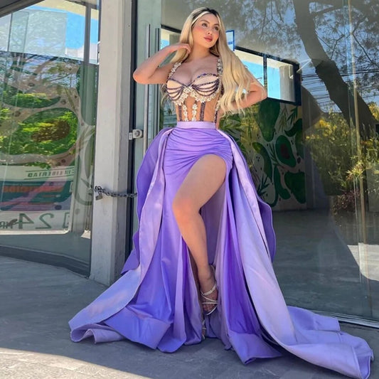 Vestidos de noite roxos com fenda lateral, cauda removível, contas de cristal, vestido formal, alças finas, pregas, festa de aniversário