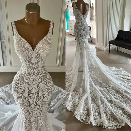 Elegantes vestidos de novia de sirena con encaje completo y escote en V con apliques de encaje para fiesta de novia campestre 