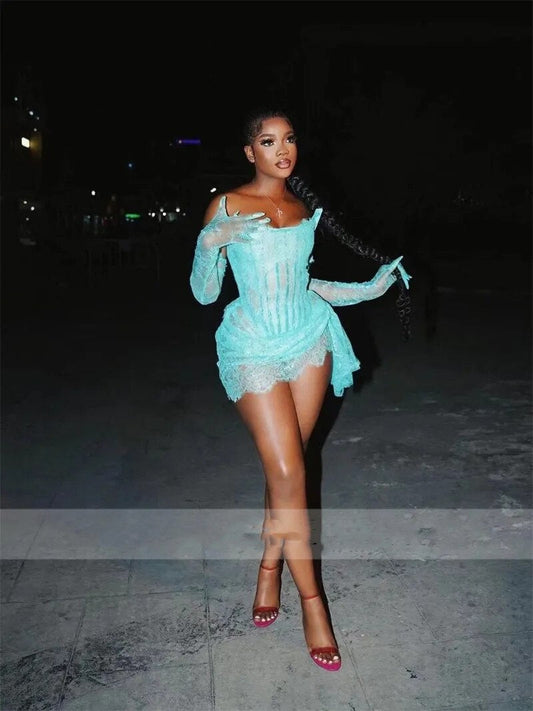 Sexy Blue Prom Dresses Two Sleeves Lace Appliques Birthday Mini Cocktail Party Gowns Corset Back Custom Made