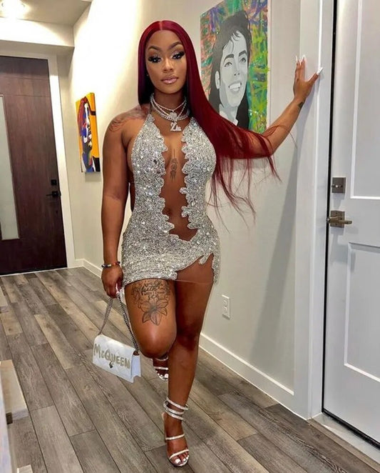 Vestidos de coquetel curtos prateados com decote halter e contas para meninas negras, comprimento até o joelho, vestidos de baile para aniversário, vestidos de formatura