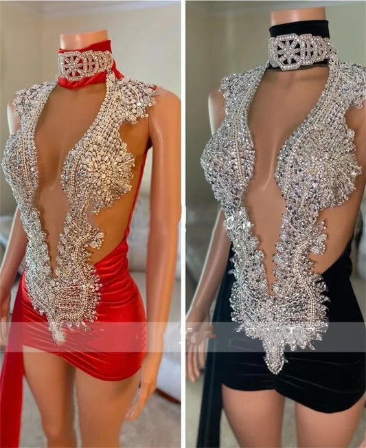 Vestidos de baile sensuais de veludo preto para meninas, minivestidos de baile com cristais e contas para festa de aniversário Abiti Da
