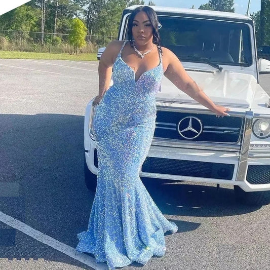 Vestidos de fiesta largos y sexys de talla grande para chicas negras, con lentejuelas brillantes, para fiesta de cumpleaños, estilo sirena, vestido de noche azul cielo. 