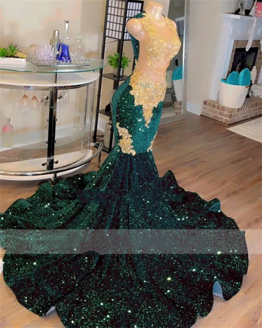 Vestidos de baile sereia verde escuro brilhantes para meninas negras, apliques de renda dourada, miçangas, lantejoulas, tamanho grande, vestido de festa à noite